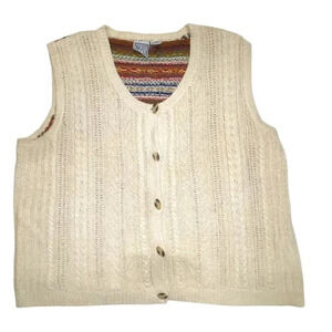 Womens Vintage Cream Corded Sweater Vest Button Up